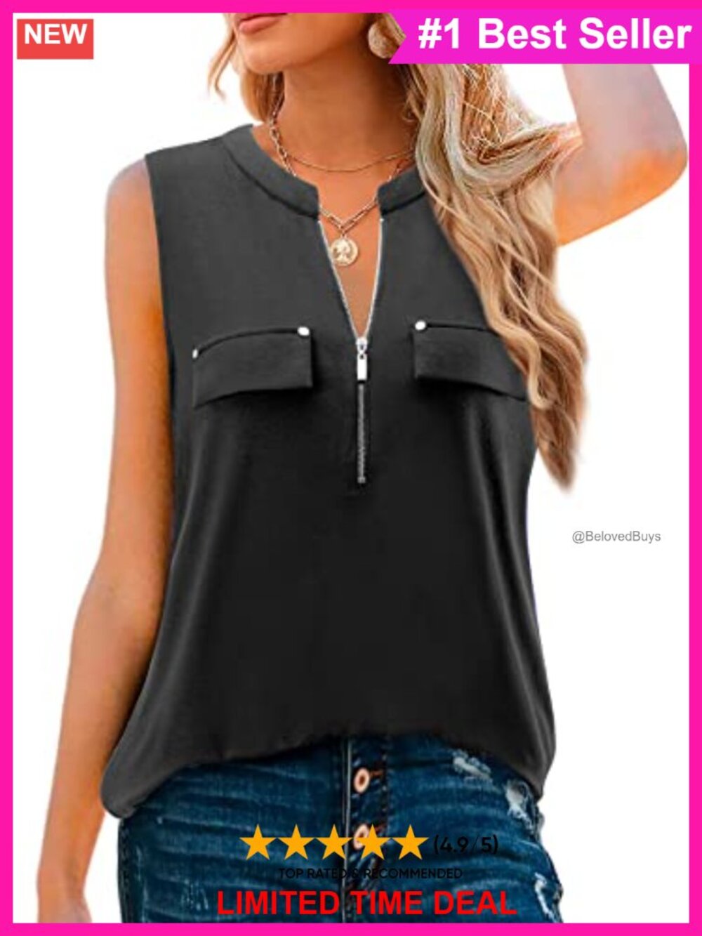 Sleeveless V-Neck Zipper Tunic Tank Top Casual Work Blouse